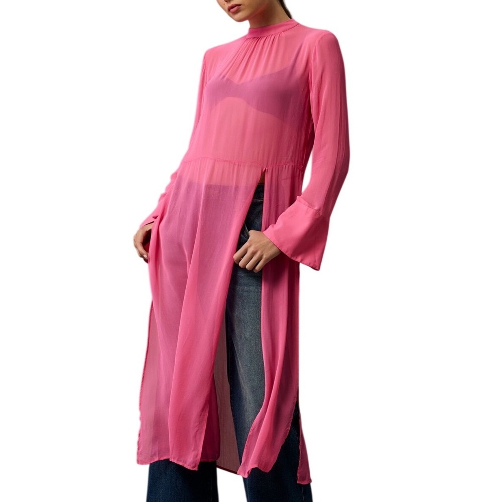 NWT‎ Anthropologie Womens Long Sleeve Sheer Tunic Dress Pink Bell Sleeve Size XL